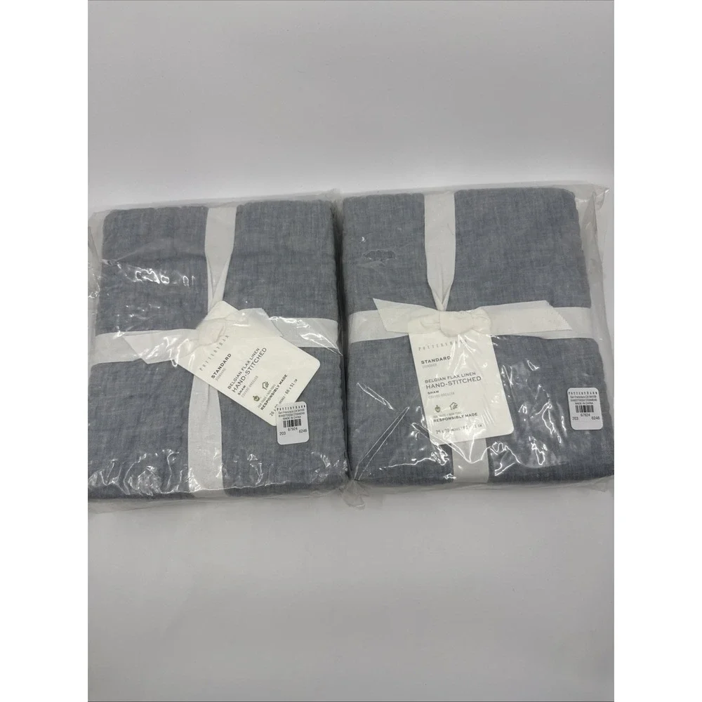 Pottery Barn Chambray Standard Quilted Belgian Flax Linen Set Of 2 Shams New